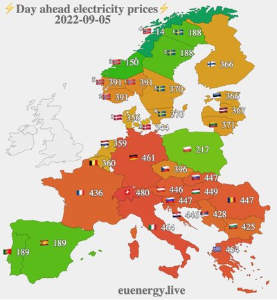 Elektrihinnad Euroopa Liidu riikides 5. septembril
