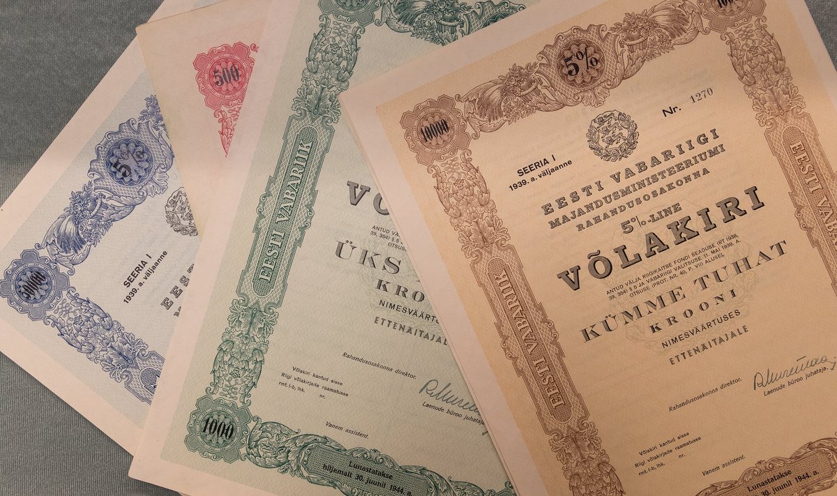 Eesti Vabariigi võlakirjad aastast 1939. Pilt on illustreeriv.