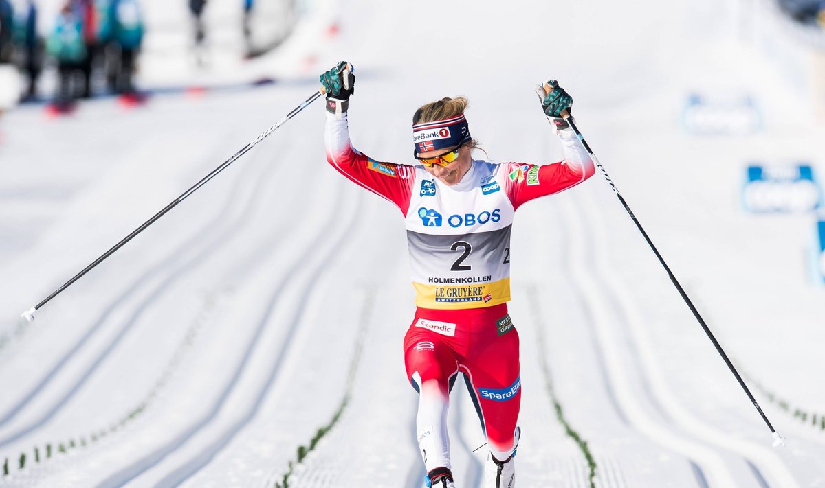 190310 Therese Johaug of Norway crosses the finish line in the women s 30 km classic technique mass