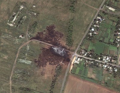 A satellite image shows the crash site of Malaysia Airlines flight MH17 in the Ukraine in this DigitalGlobe handout photo