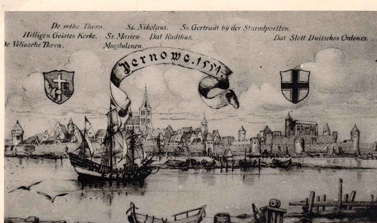 Sel pildil on keskaja lõpu (aastal 1554) Pärnut kujutatud natuke uhkemana kui hansalinn tegelikult oli. Aga hea pildi toonasest linnast annab see ikka. Kõrgumas üle linna Nikolai kirik. Orduloss vasakul.