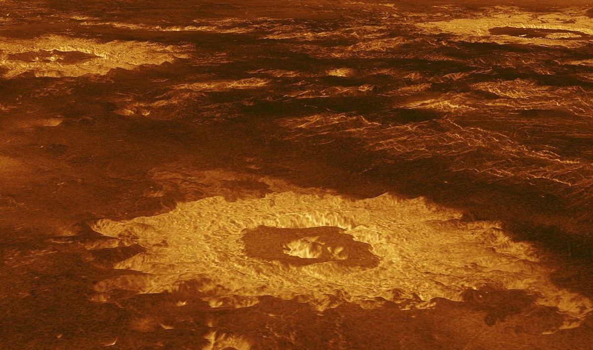 Illustreerival eesmärgil pilt Veenuse pinnast ja kraatrist sellel (Foto: Wikimedia Commons / NASA, JPL)