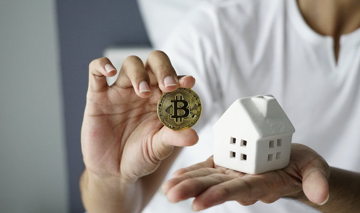 Close,Up,,Young,Man,Holding,Bitcoin,And,With,Home,In
