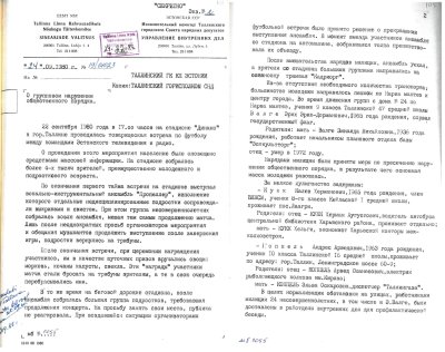 Tallinna RSN Täitevkomitee eriosakonna toimikusse köidetud kiri 22. septembril 1980. aastal toimunud koolinoorte rahutuste kohta.