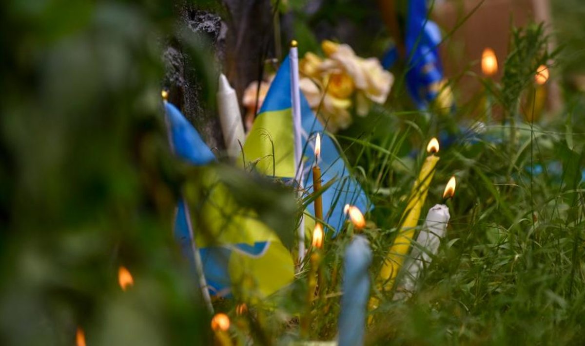 Свечи и украинские флаги в память о погибших на войне