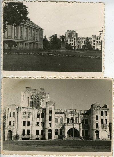 Endla varemed 1950. aastatel. Ülemisel fotol näha algselt Eesti Panga Pärnu osakonnale ehitatud hoone ja Lenini kuju.