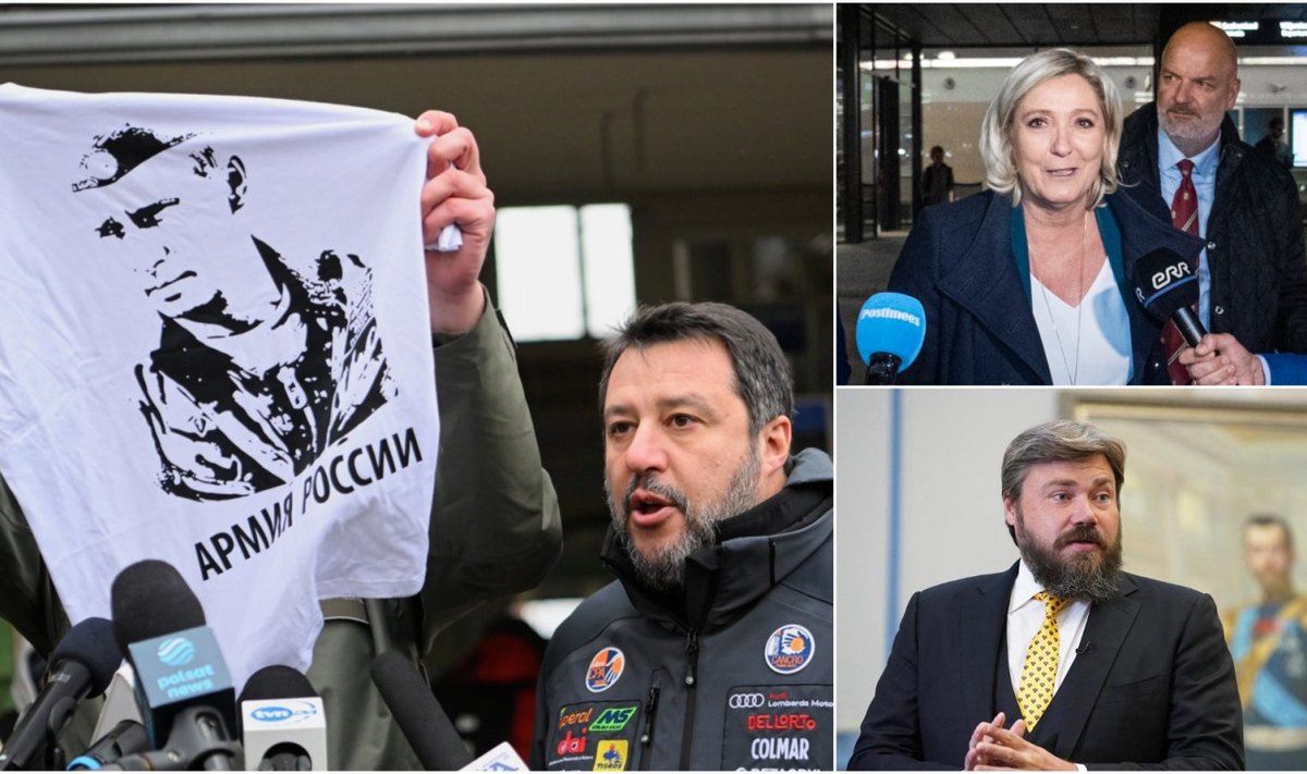 Vasakul Matteo Salvini, ülal paremal Marine Le Pen, all paremal Konstantin Malofejev. Viimane on püsti pannud võrgustiku, kust suunatakse Euroopa parempopulistide tegevust ja jutupunkte.