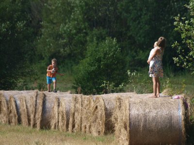 Lapsed suvel heinapallidel mängimas.