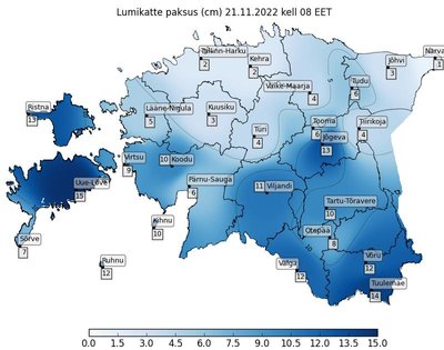 Карта толщины снежного покрова в разных частях Эстонии (см)