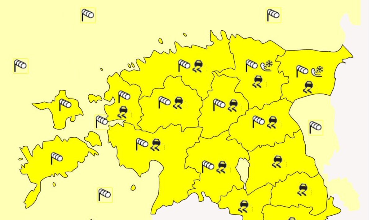 Kollane tähistab esimese taseme hoiatust ilmateenistuse poolt. Roheline tähendab, et hoiatused puuduvad, kui värv läheb tumedamaks, siis hoiatuse tase tõuseb.