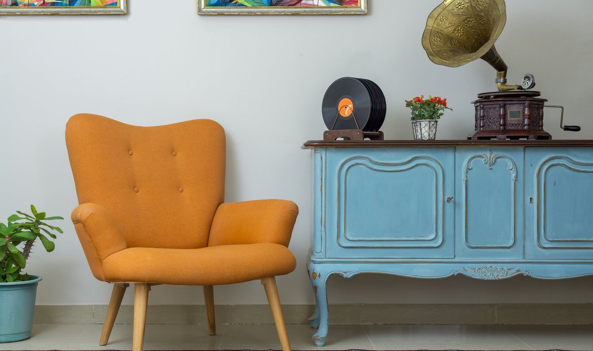Vintage,Interior,Of,Retro,Orange,Armchair,,Vintage,Wooden,Light,Blue