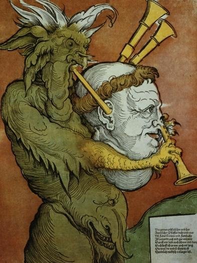 1535. aastast pärinev Eduard Schoeni joonis, mis kujutab saatanat munga pea kujulist torupilli mängimas. Pildiga soovitakse edastada sõnumit, et mungad on saatana mängukannid.