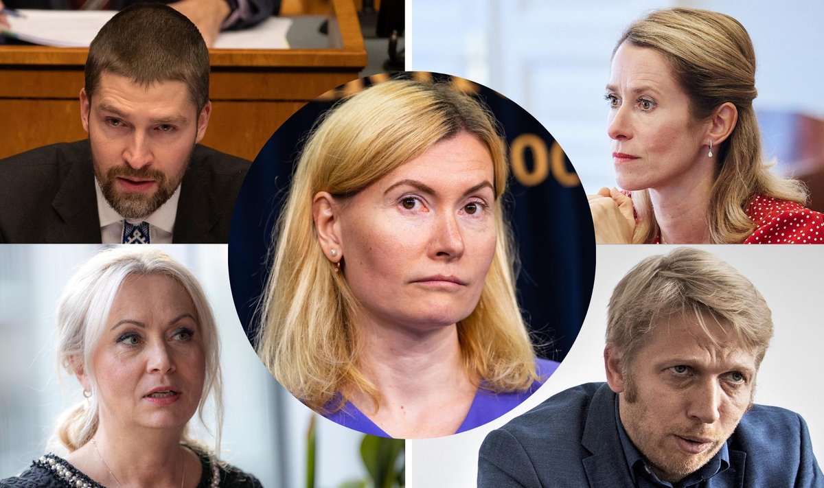 Kollaaž. Siim Pohlak (EKRE). Kaja Kallas (RE). Riina Solman (Isamaa). Jaanus Karilaid (KE). Riina Sikkut (SDE).