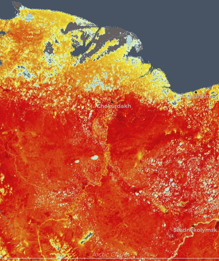 Copernicuse kliimamuutuste teenistus mõõtis 19. juunil maapinna temperatuuri Siberis. Päev hiljem mõõdeti Verhojanskis 38 kraadi sooja.