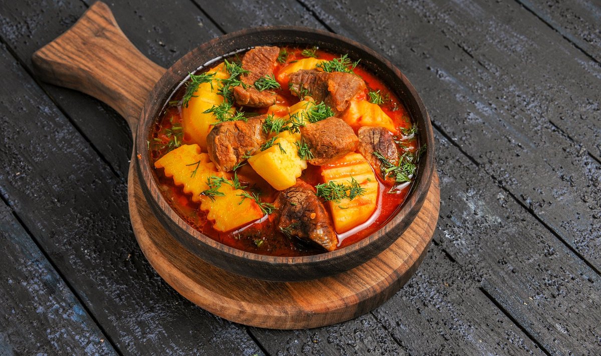 front view meat sauce soup with greens and potatoes on dark desk soup meal sauce meat