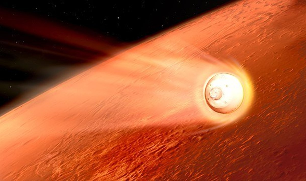 Kunstniku nägemus sellest, kuidas Marsi atmosfääri jõudnud kosmosesõiduk pidurdab, et selle pardal viibiv kulgur Perseverance ikka kenasti Marsile jõuaks (Foto: Wikimedia Commons / NASA, JPL-Caltech)