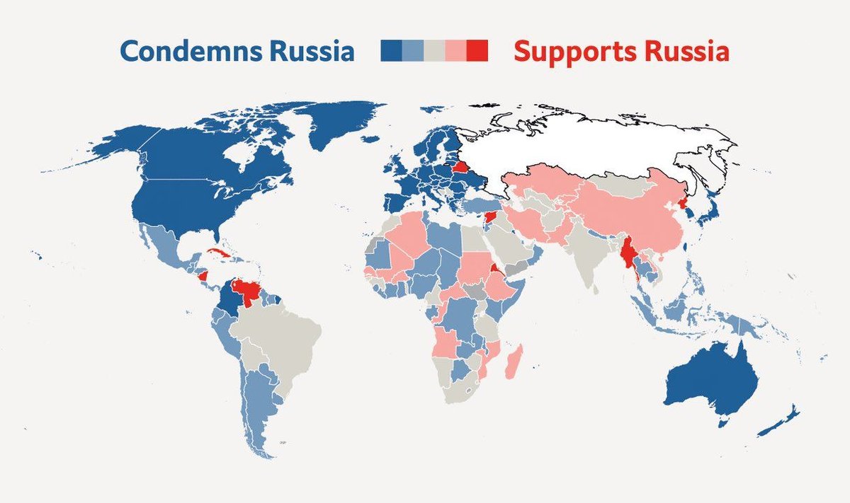 Мир с обозначением отношения к России. Синий - осуждают Россию, красный - поддерживают. 