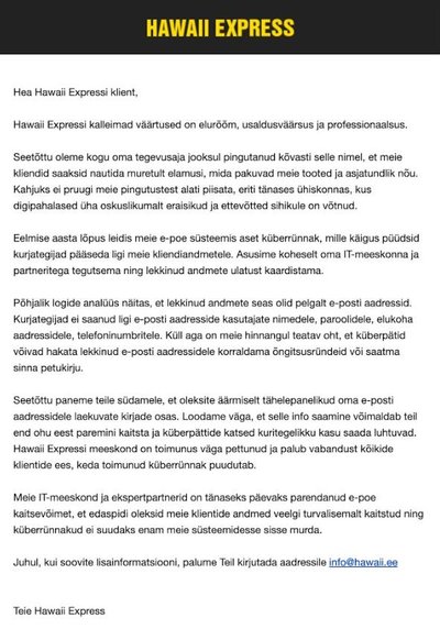 Hawaii Expressi klientidele saadetud teavitus andmelekke kohta.