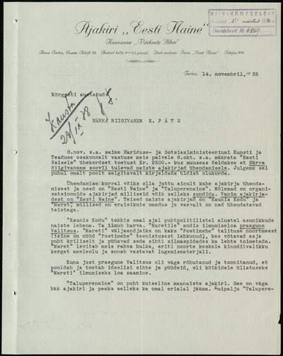 Eesti Naise kiri riigivanem Konstantin Pätsile (1935).