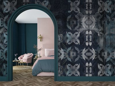 Bedroom interior.Art deco style.Green pink and gold color.Design with arch wall.3d rendering